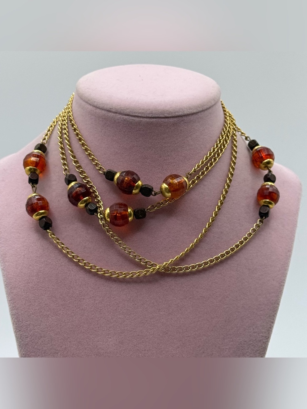 Gold-Tone long Necklace with Amber Glass Beads